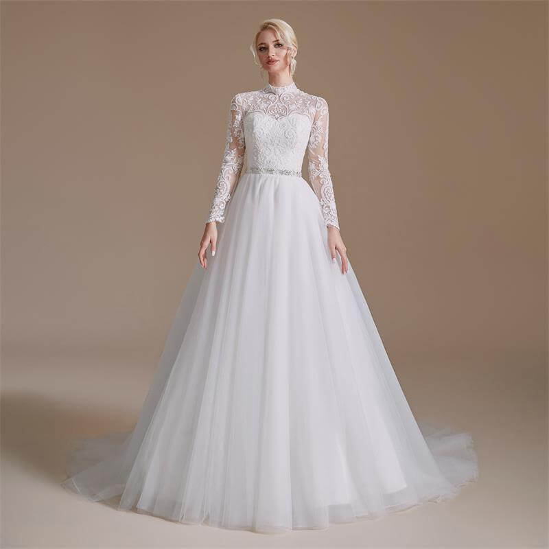 Elegant High Neck Lace Belt Long Sleeve Mermaid Wedding Dress 1069
