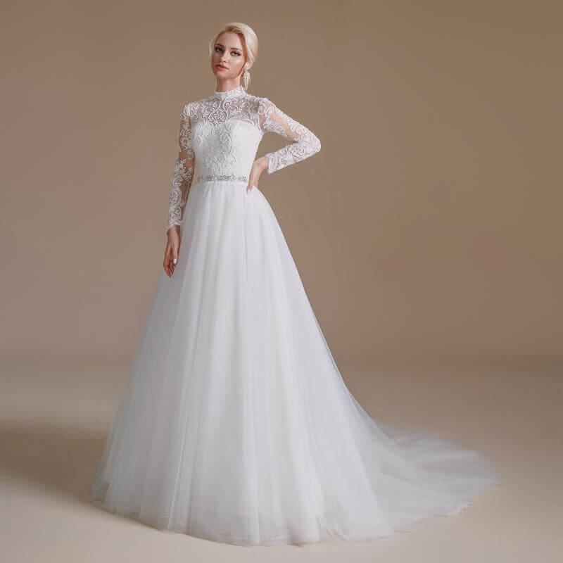 Elegant High Neck Lace Belt Long Sleeve Mermaid Wedding Dress 1069