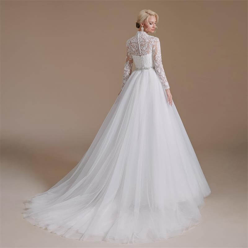 Elegant High Neck Lace Belt Long Sleeve Mermaid Wedding Dress 1069