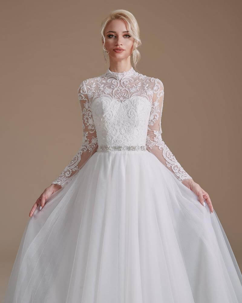 Elegant High Neck Lace Belt Long Sleeve Mermaid Wedding Dress 1069