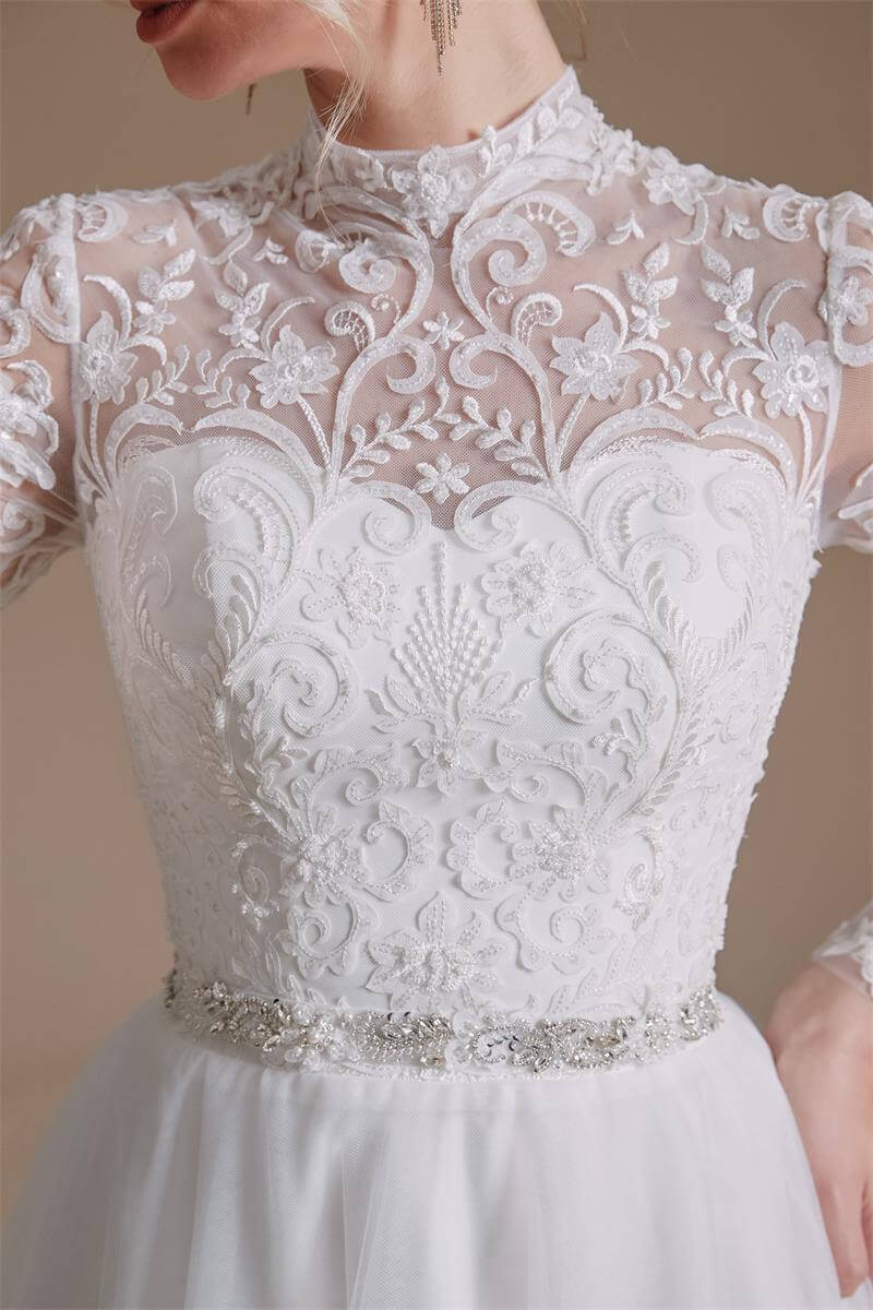 Elegant High Neck Lace Belt Long Sleeve Mermaid Wedding Dress 1069