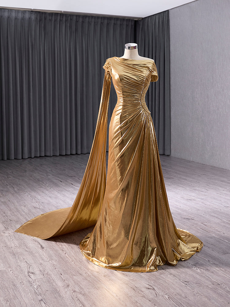 Luxury Model Gold Shoulder Cape Long Mermaid Formal Prom Dress Evening Gown 241032
