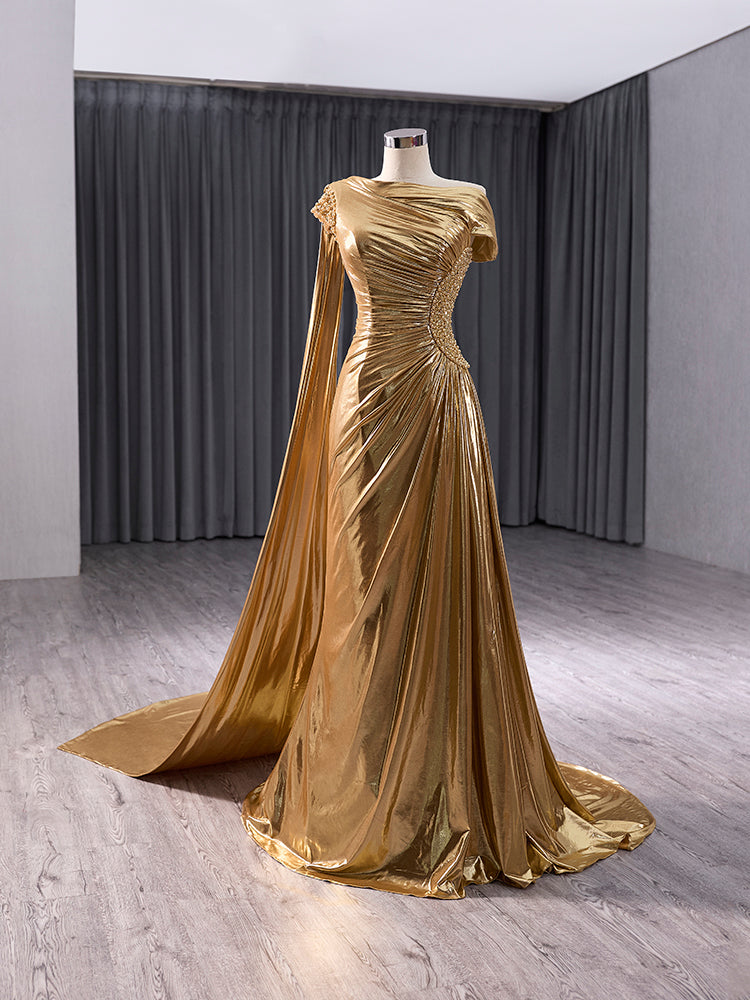 Luxury Model Gold Shoulder Cape Long Mermaid Formal Prom Dress Evening Gown 241032