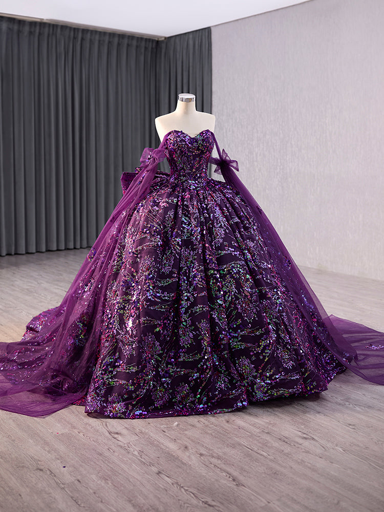 Luxury Model Purple Sweetheart Bow Glitter Ball Gown Quinceanera Dress 241037