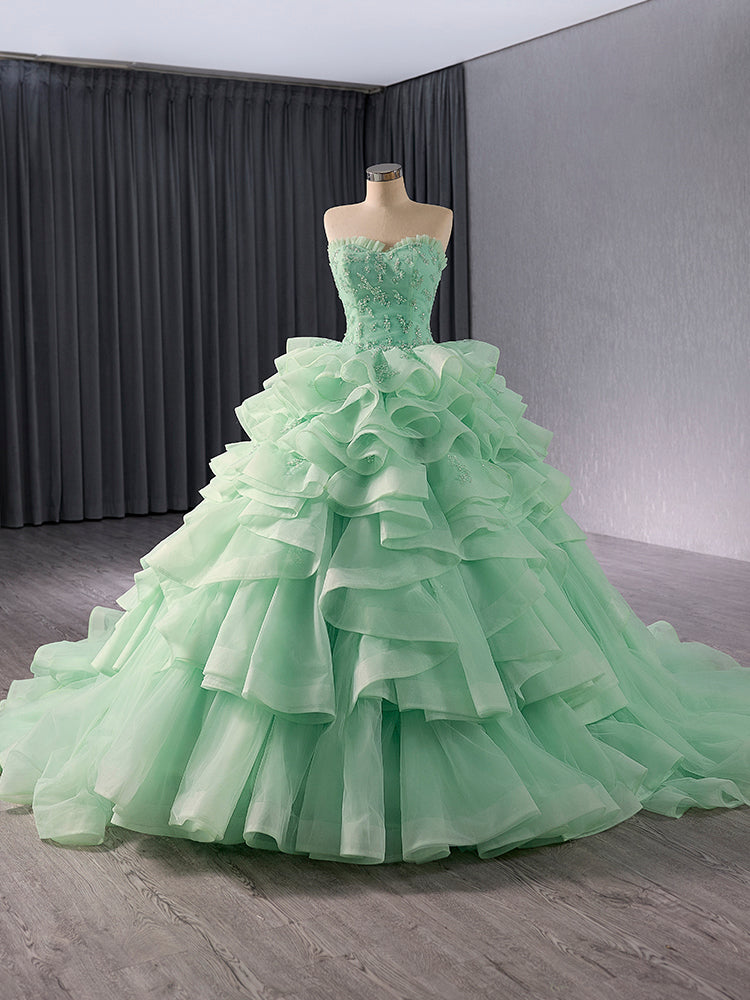 Luxury Model Light Green Tull Tiered Formal Dress 241058