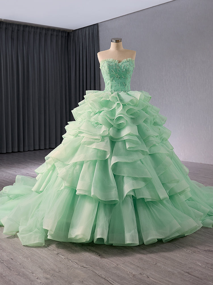 Luxury Model Light Green Tull Tiered Formal Dress 241058