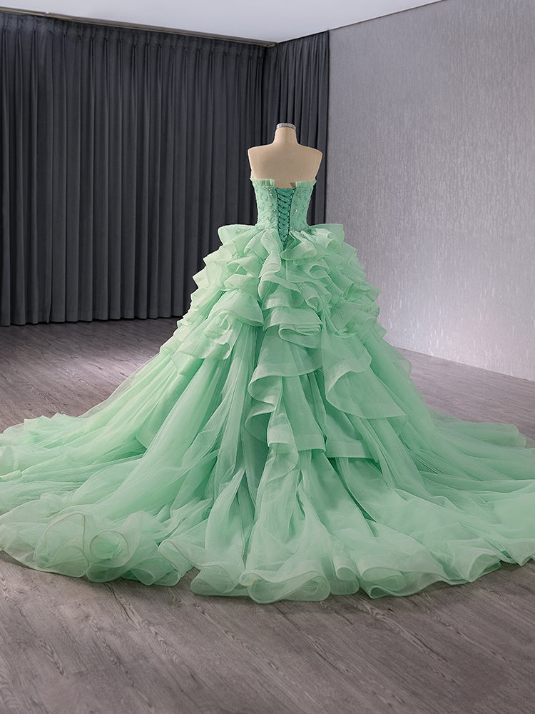 Luxury Model Light Green Tull Tiered Formal Dress 241058
