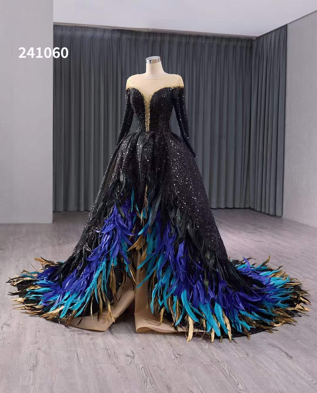 Luxury Model Feather Black Formal Evening Dress 241060