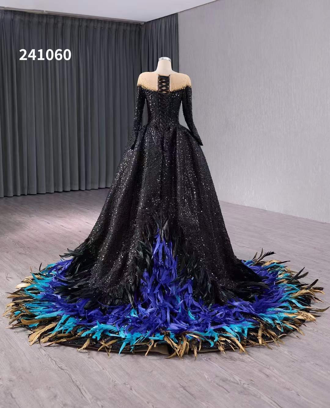 Luxury Model Feather Black Formal Evening Dress 241060
