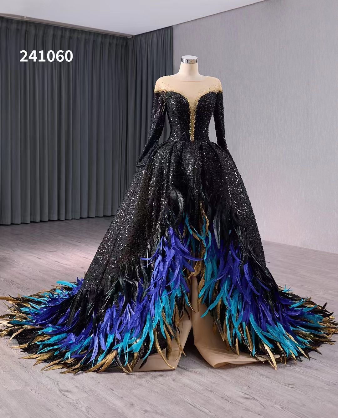 Luxury Model Feather Black Formal Evening Dress 241060