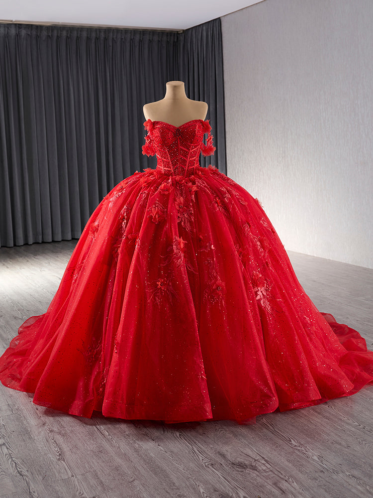 Luxury Model Red Off The Shoulder Flower Ball Gown Quinceanera Dress 241081