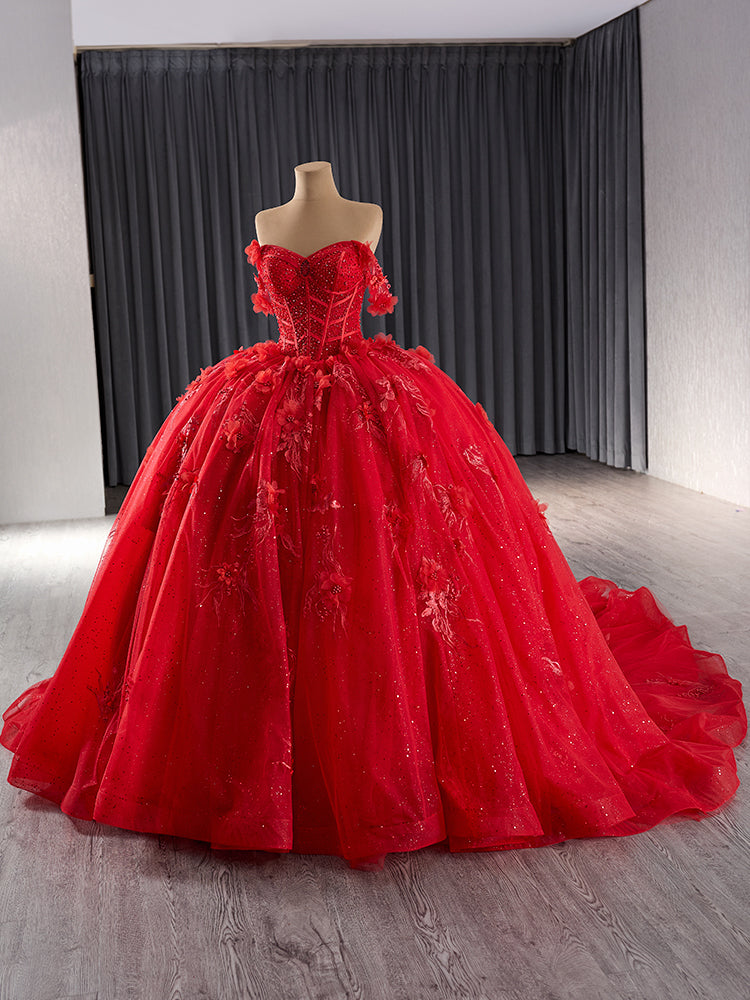 Luxury Model Red Off The Shoulder Flower Ball Gown Quinceanera Dress 241081
