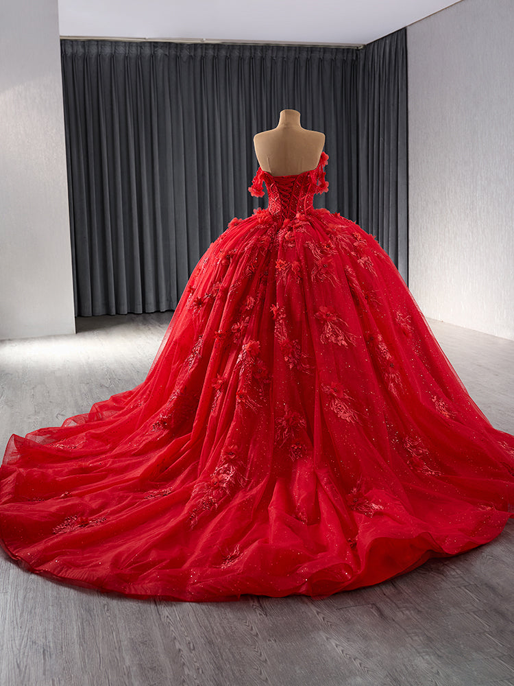 Luxury Model Red Off The Shoulder Flower Ball Gown Quinceanera Dress 241081