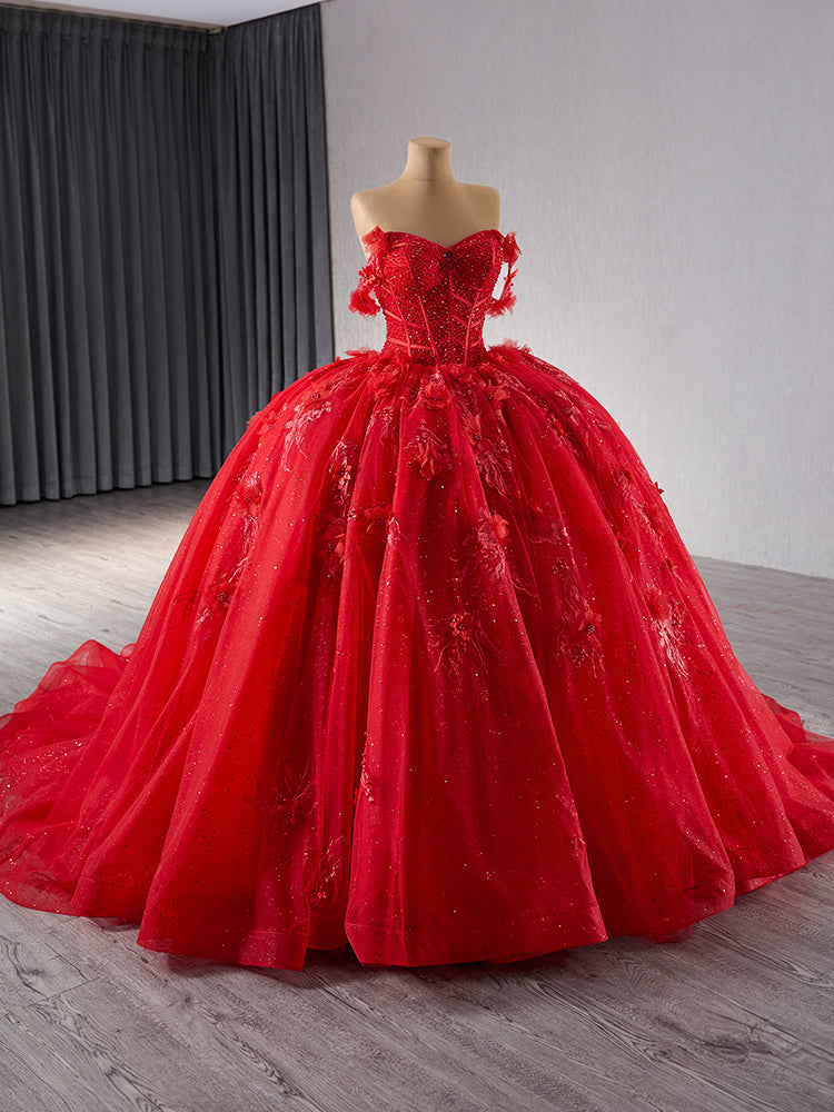 Luxury Model Red Off The Shoulder Flower Ball Gown Quinceanera Dress 241081