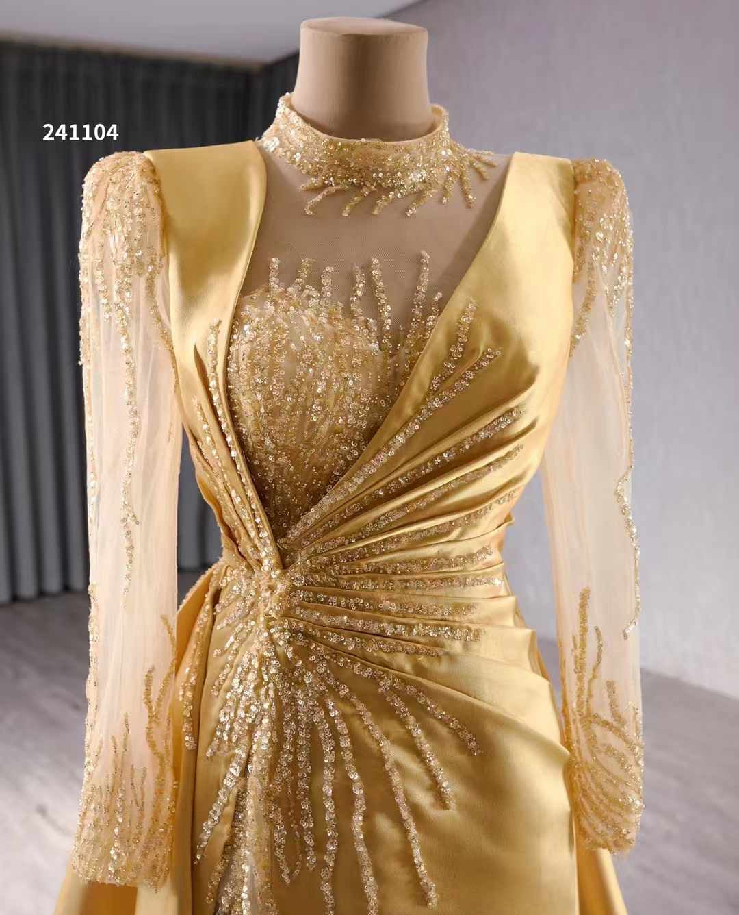Luxury Model Gold Long Sleeve Flormal Prom Party Gown Dress 241104
