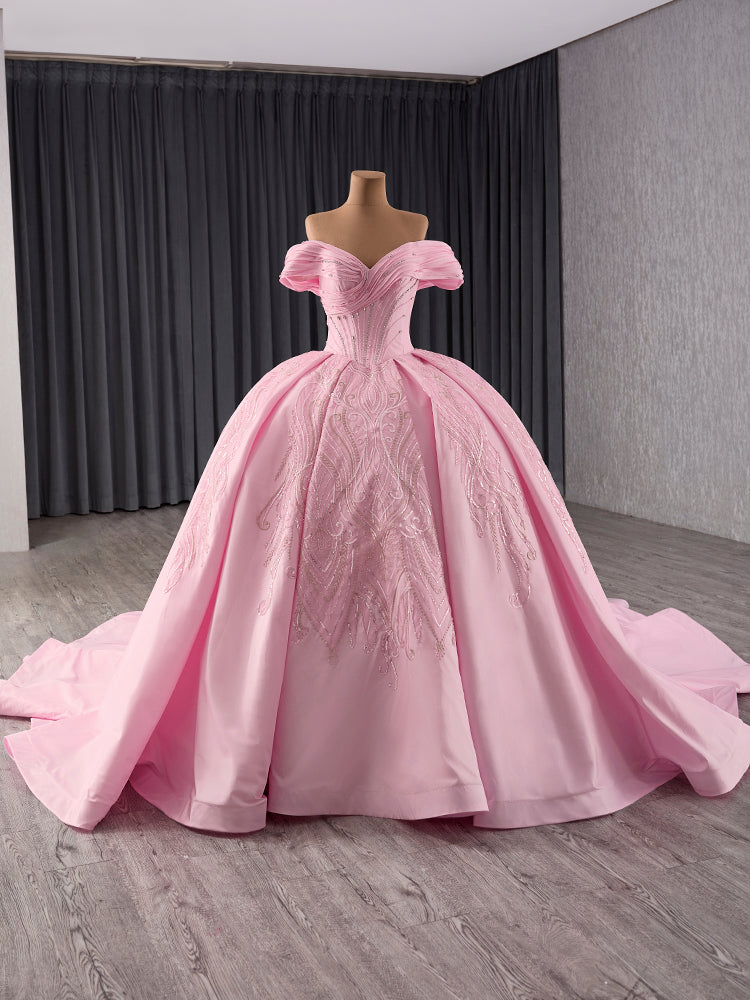 Luxury Model Pink Off The Shoulder Ball Gown Quinceanera Dress 241124