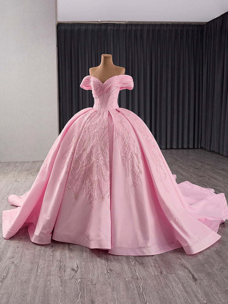 Luxury Model Pink Off The Shoulder Ball Gown Quinceanera Dress 241124