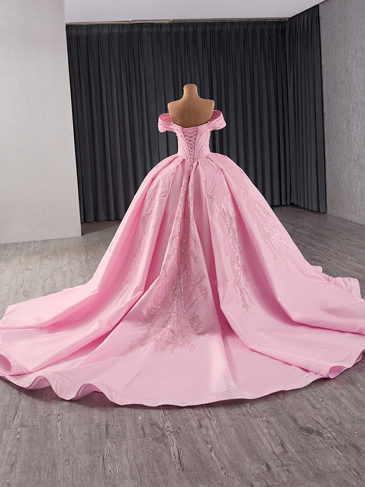 Luxury Model Pink Off The Shoulder Ball Gown Quinceanera Dress 241124