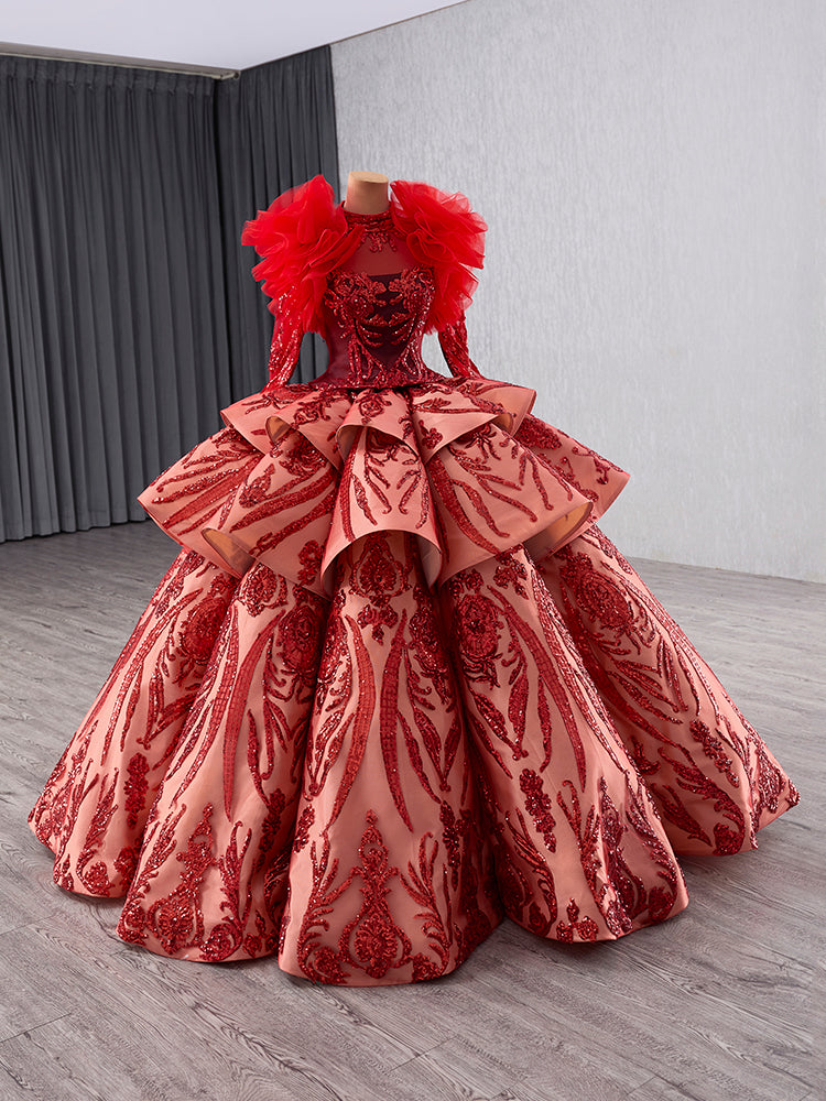 Luxury Model Ruffle Sequin Long Ball Gown Quinceanera Dress 241133