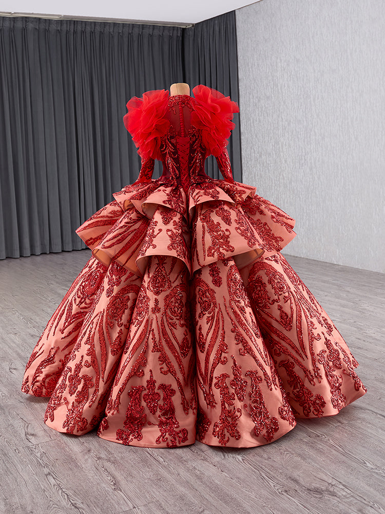 Luxury Model Ruffle Sequin Long Ball Gown Quinceanera Dress 241133