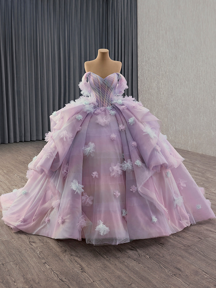 Luxury Model Off The Shoulder Flower Sleeveless Tiered Ball Gown Quinceanera Dress 251010