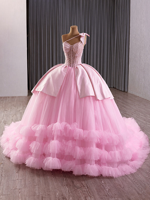 Luxury Model Pink Spaghetti Strap Bow Sleeveless Tiered Ball Gown Quinceanera Dress 251015