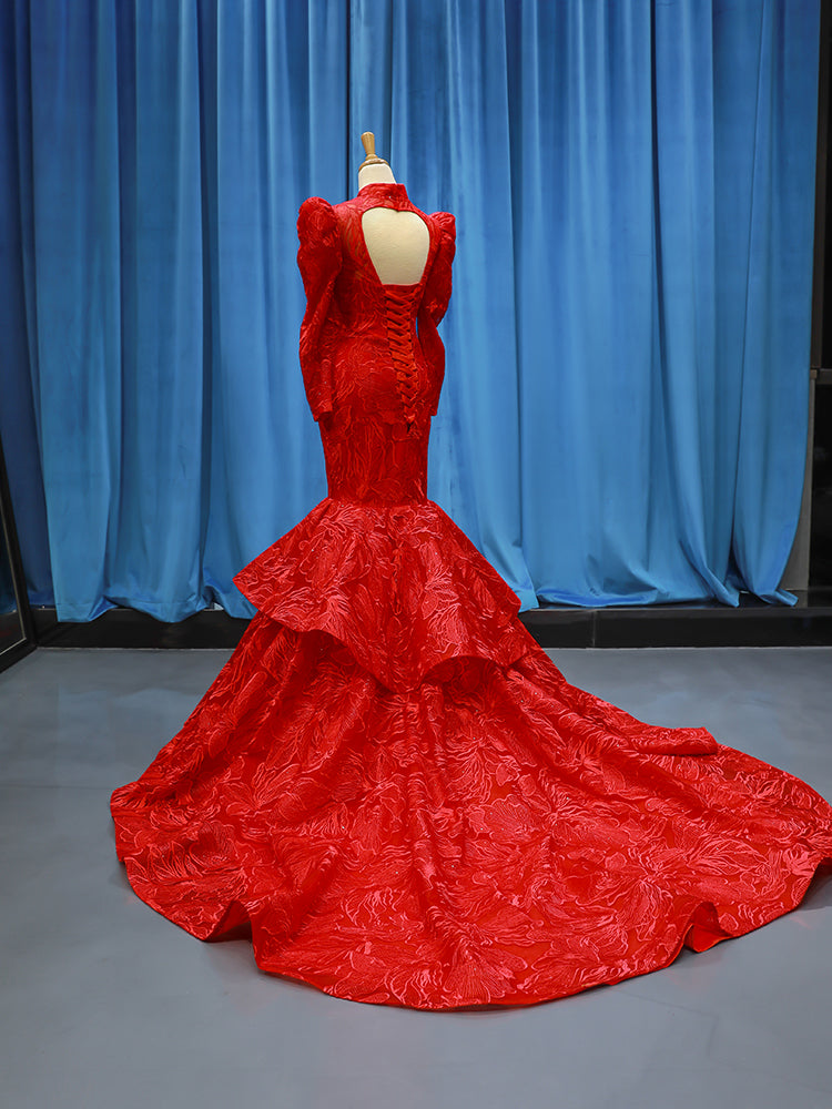 Luxury Model High Neck Long Sleeve Mermiad Prom Dress Formal Gown 66676