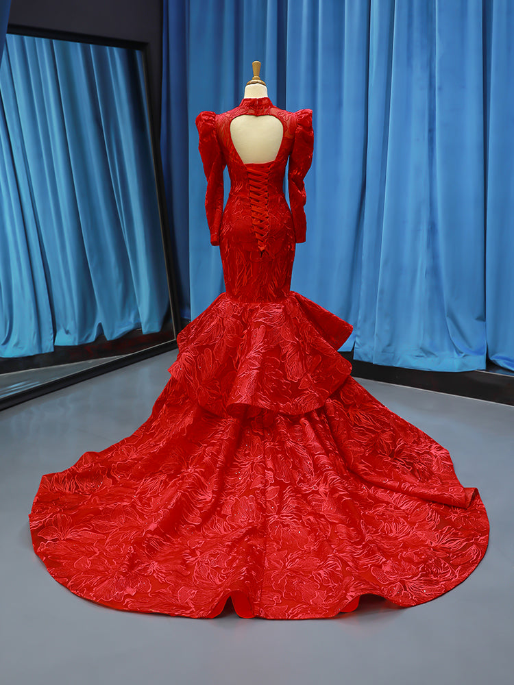 Luxury Model High Neck Long Sleeve Mermiad Prom Dress Formal Gown 66676