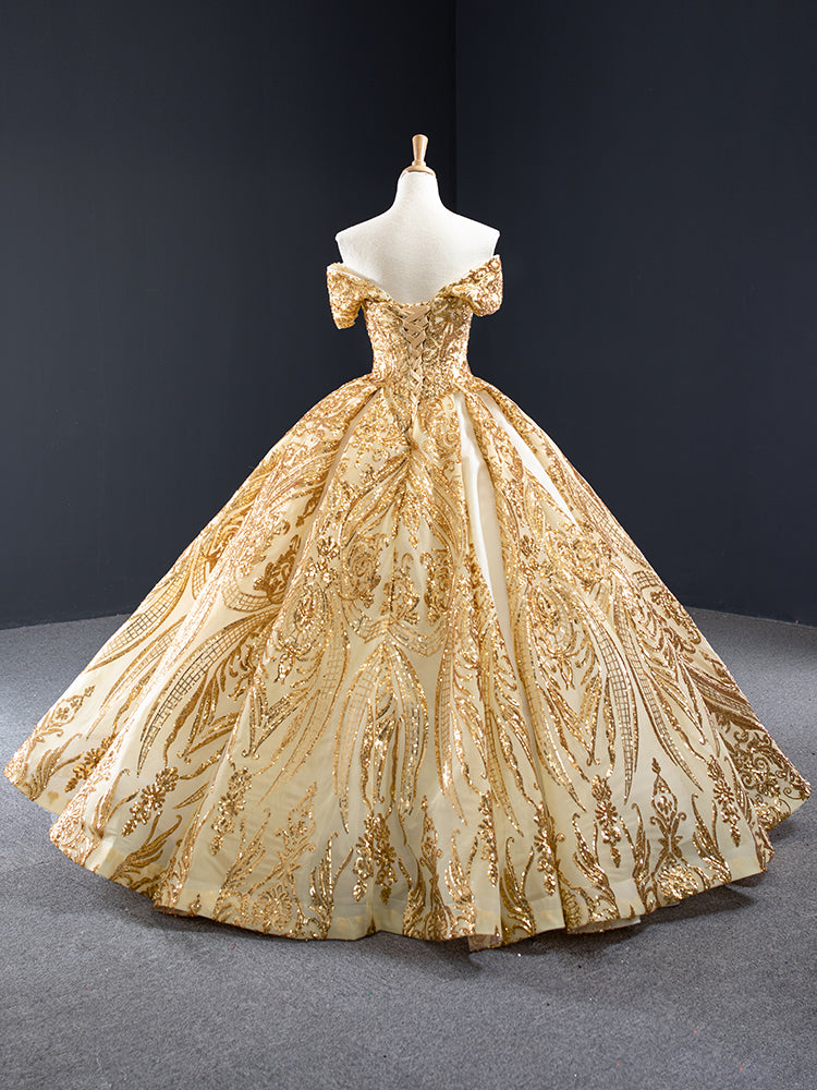 Luxury Model Gold Sweetheart Neck Sleeveless Ball Gown Prom Dress 66709