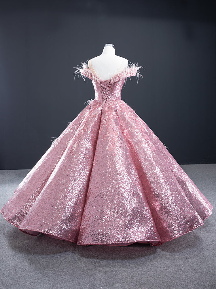 Luxury Model Pink Off The Shoulder Long Ball Gown Quinceanera Dress 66936