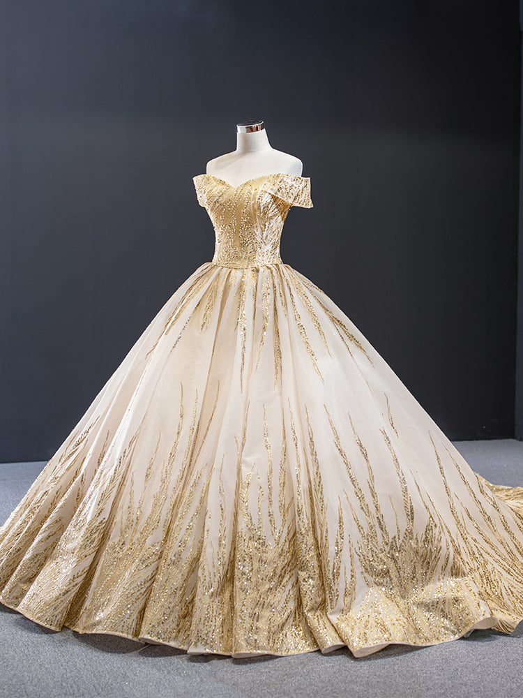 Luxury Model Gold Off The Shoulder Ball Gown Quinceanera Dress 67013