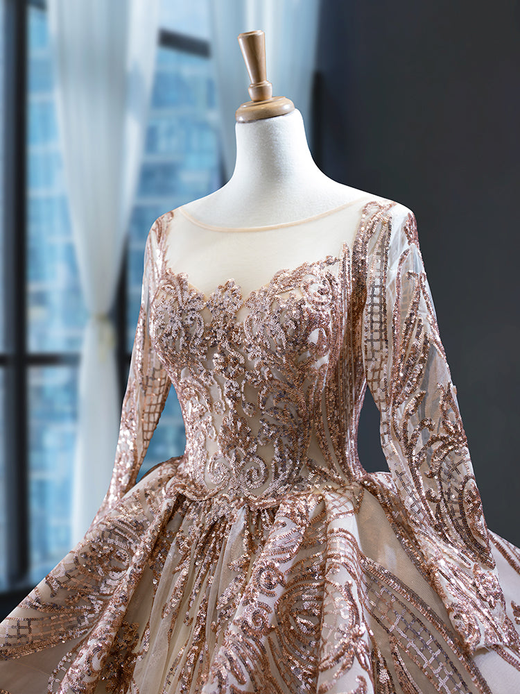 Luxury Model Rose Gold Sequin Scoop Neck Ball Gown Prom Dress 67017