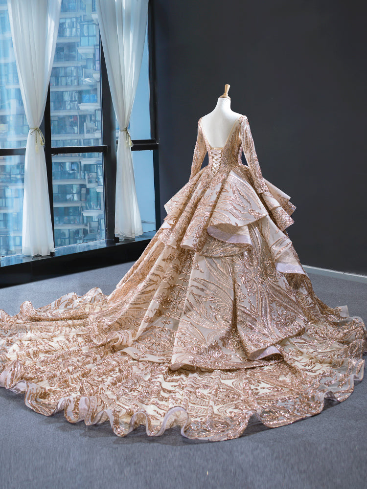 Luxury Model Rose Gold Sequin Scoop Neck Ball Gown Prom Dress 67017