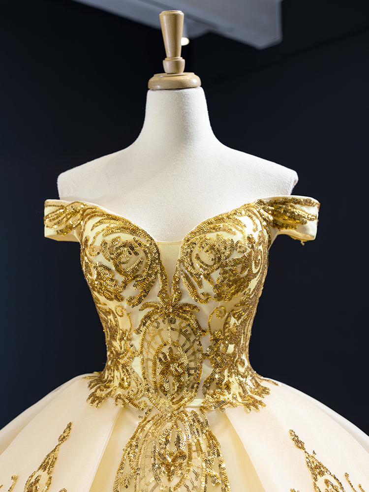 Luxury Model Gold Sequin Ball Gown Prom Dress 67024
