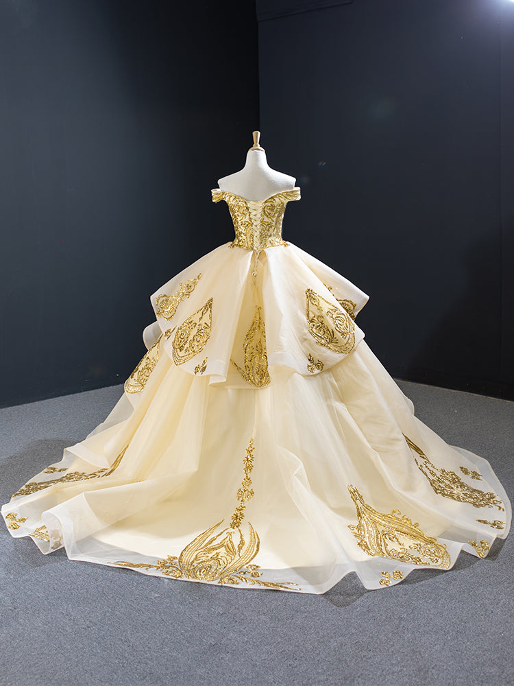 Luxury Model Gold Sequin Ball Gown Prom Dress 67024