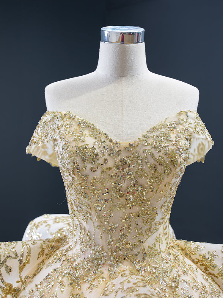 Luxury Model Champange Long Sequin Ball Gown Prom Dress 67159