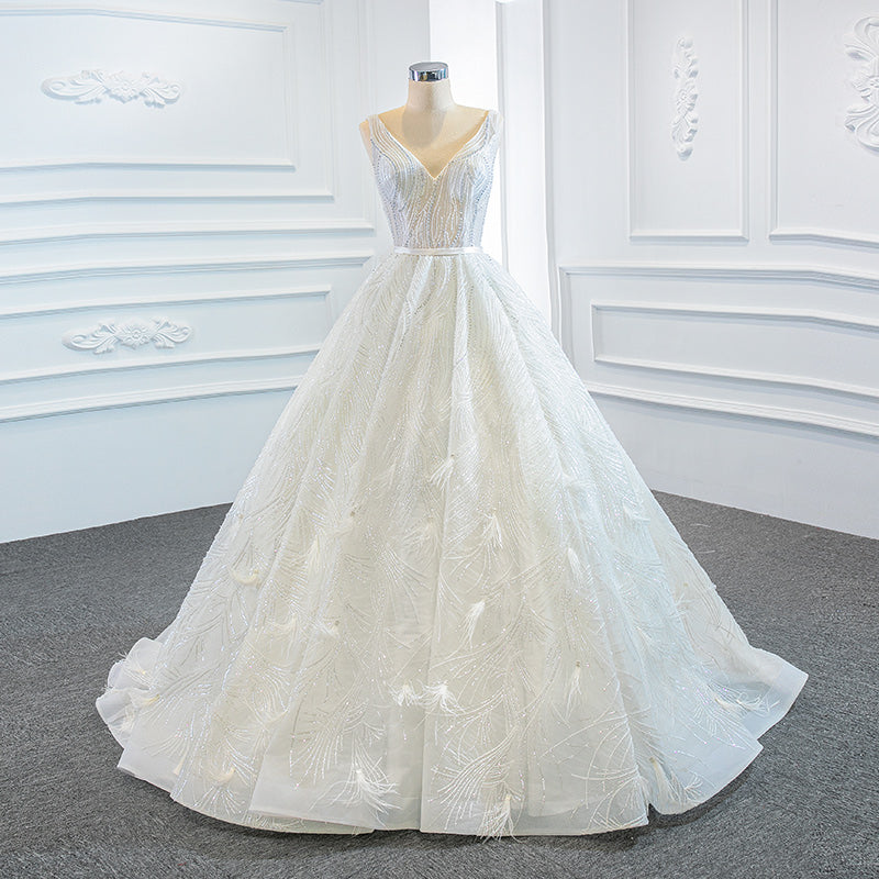 Luxury Model V Neck Sleeveless A Line Long Wedding Dress 67178