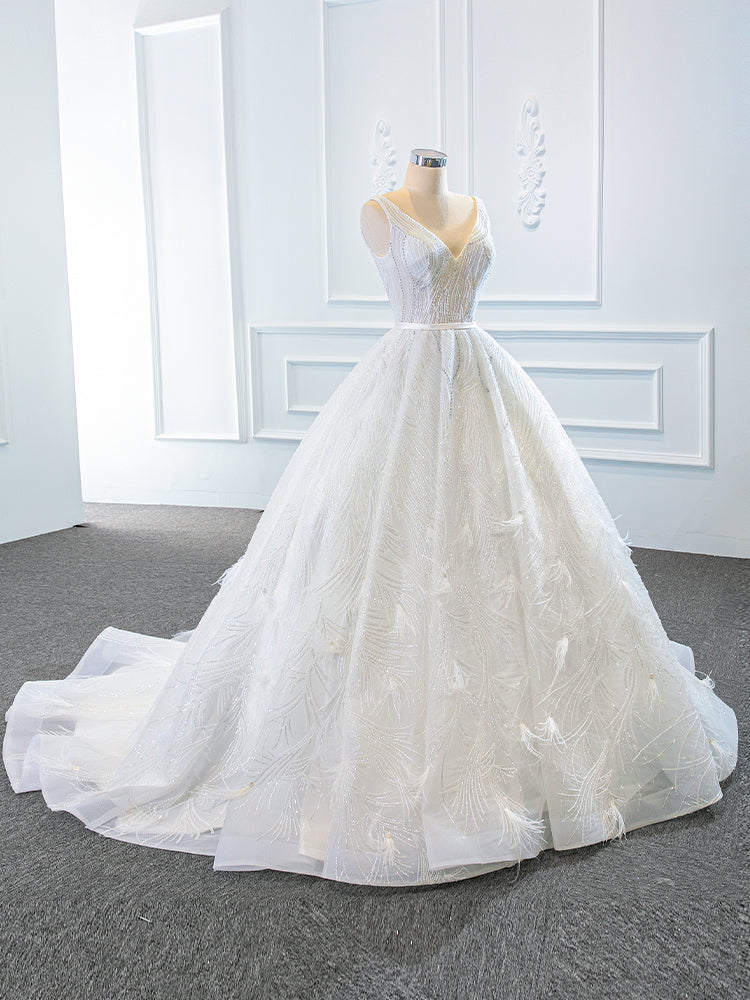 Luxury Model V Neck Sleeveless A Line Long Wedding Dress 67178
