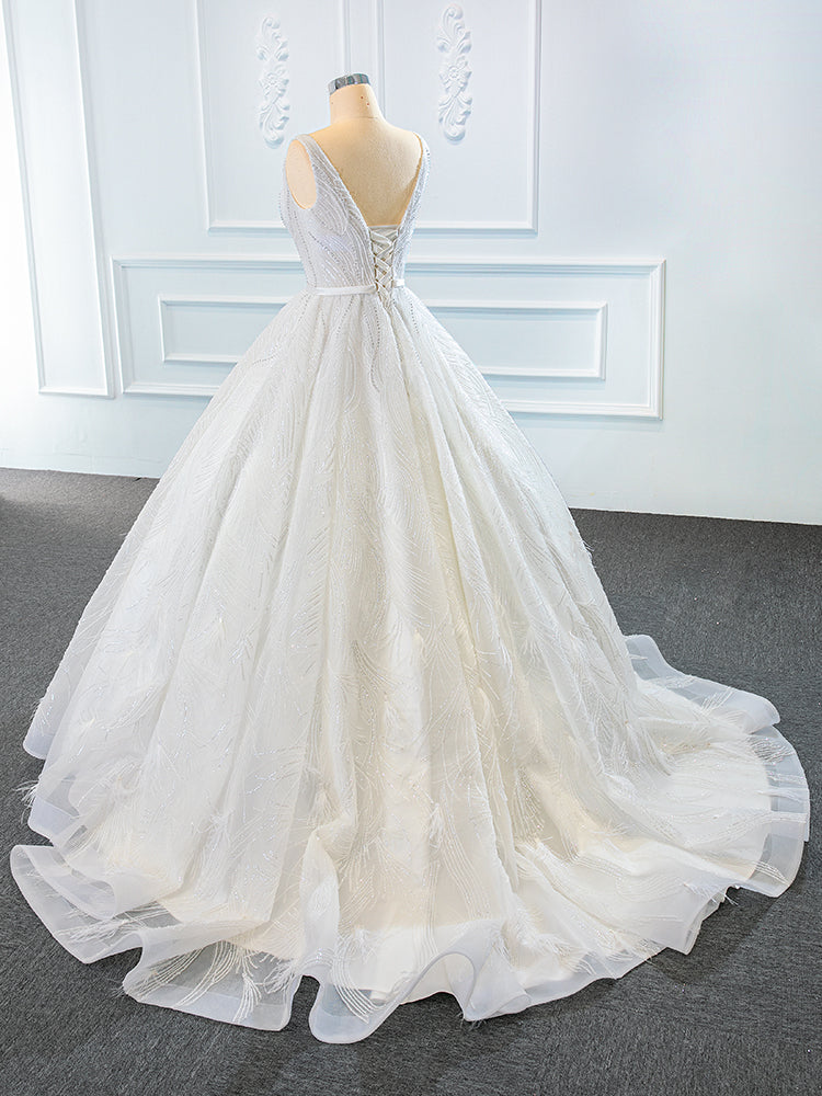 Luxury Model V Neck Sleeveless A Line Long Wedding Dress 67178
