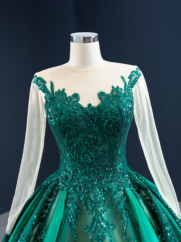 Luxury Model Dark Green Long Sleeve Sequin Ball Gown Prom Dress 67201
