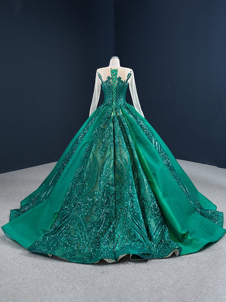 Luxury Model Dark Green Long Sleeve Sequin Ball Gown Prom Dress 67201