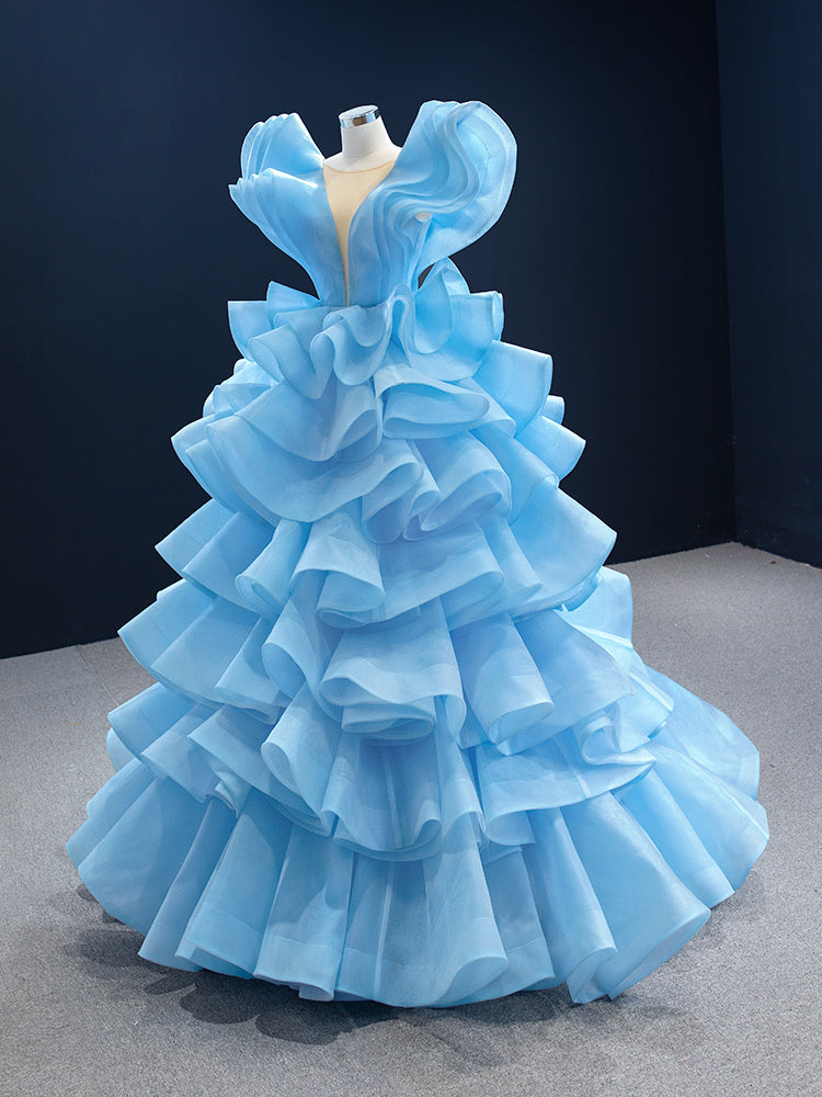 Luxury Model Light Sky Blue A Line Sleeveless Tiered Formal Prom Dress 67202