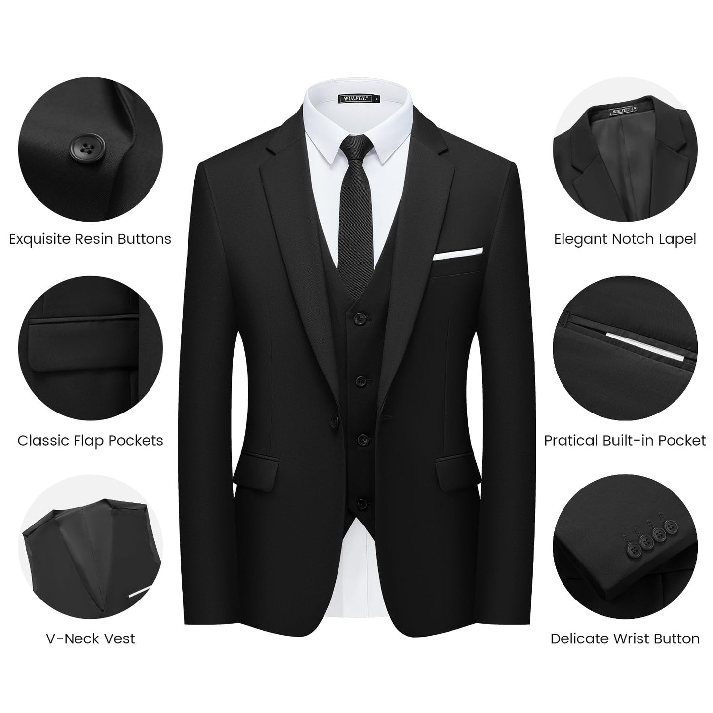 Men’s Slim Fit Suit One Button 3-Piece Blazer Dress Business Wedding Party Jacket Vest & Pant
