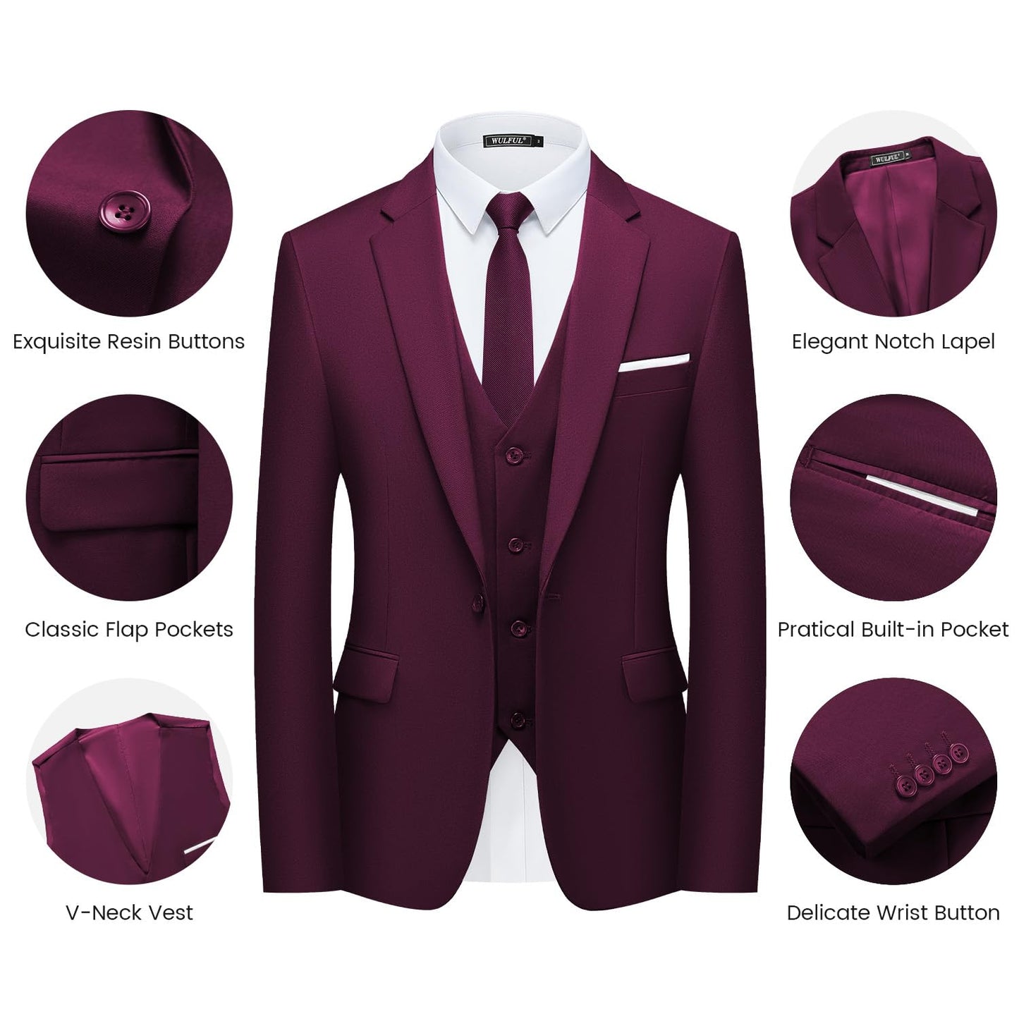 Men’s Slim Fit Suit One Button 3-Piece Blazer Dress Business Wedding Party Jacket Vest & Pant