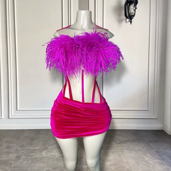 Hot Pink Feather Sleeveless Short Mermaid Prom Dress XY0058