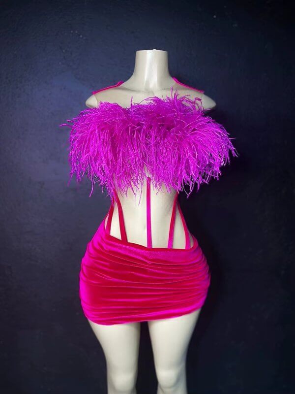 Hot Pink Feather Sleeveless Short Mermaid Prom Dress XY0058