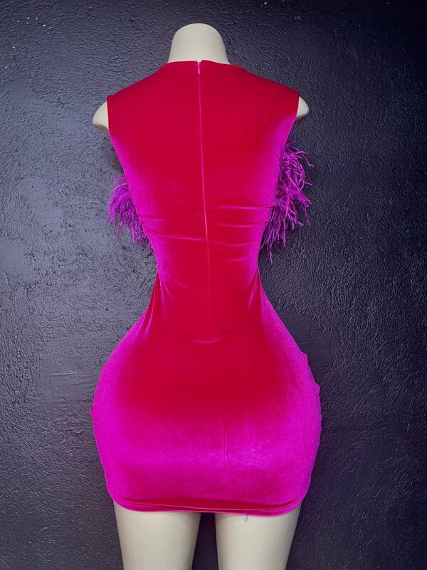 Hot Pink Feather Sleeveless Short Mermaid Prom Dress XY0058