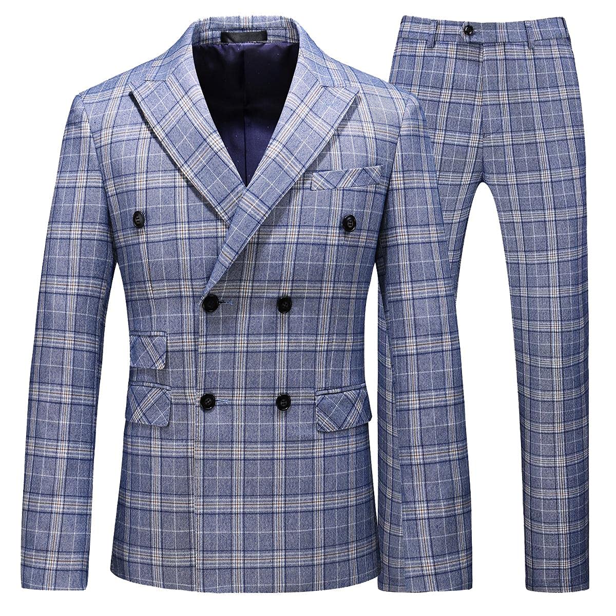 Mens Plaid 3 Piece Suits Slim Fit Double Breasted Plaid Suit Jacket Vest Pants Set Formal