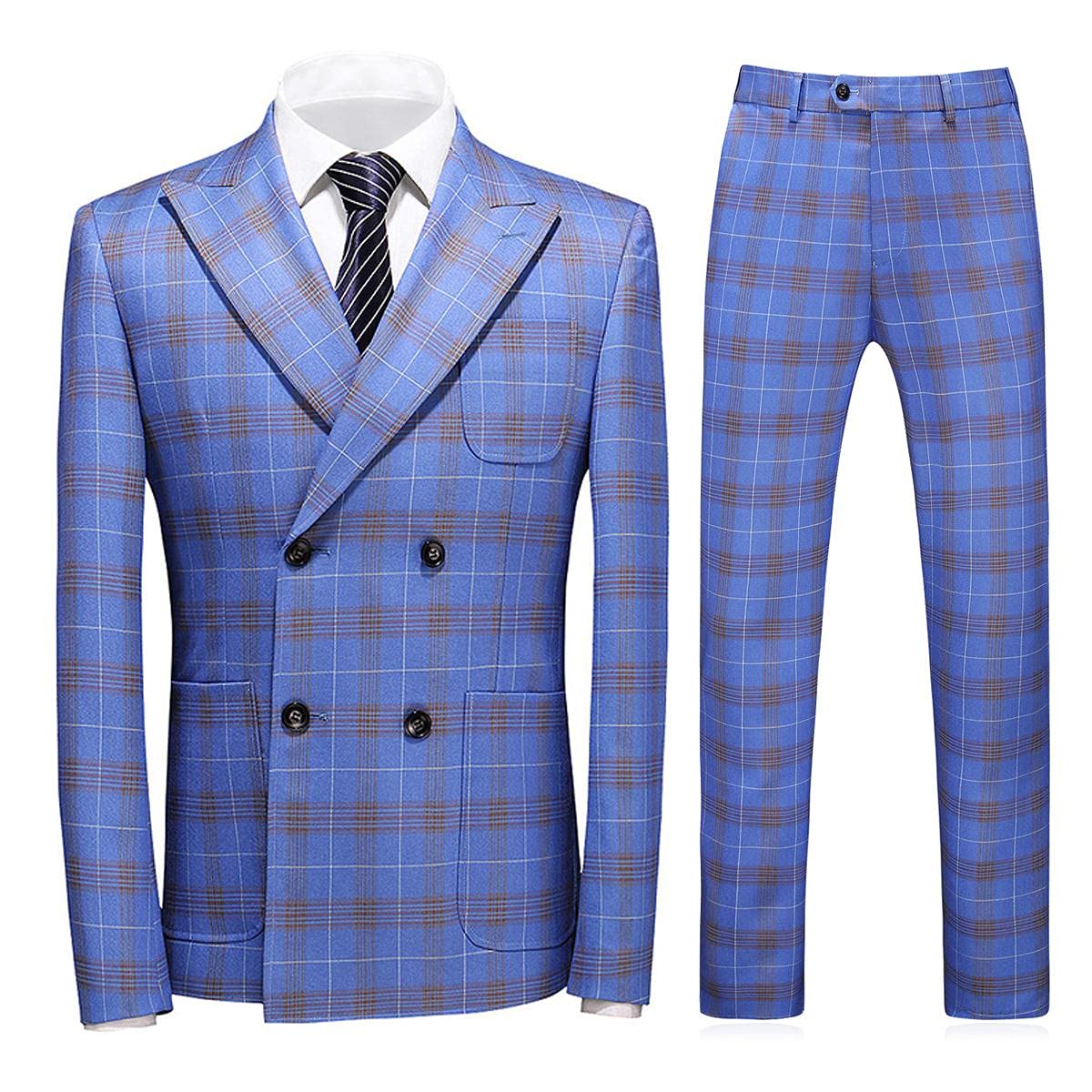 Mens Plaid 3 Piece Suits Slim Fit Double Breasted Plaid Suit Jacket Vest Pants Set Formal