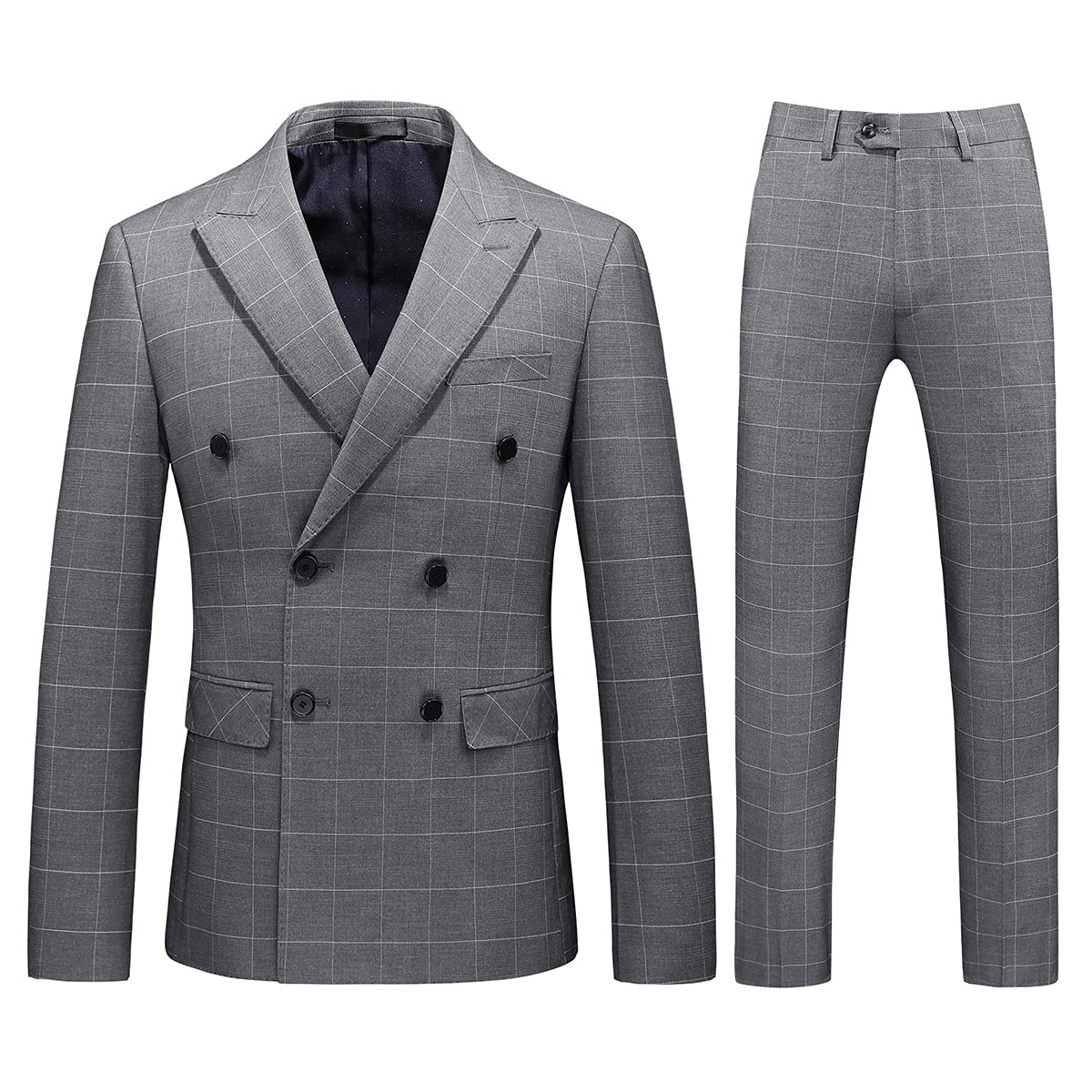 Mens Plaid 3 Piece Suits Slim Fit Double Breasted Plaid Suit Jacket Vest Pants Set Formal